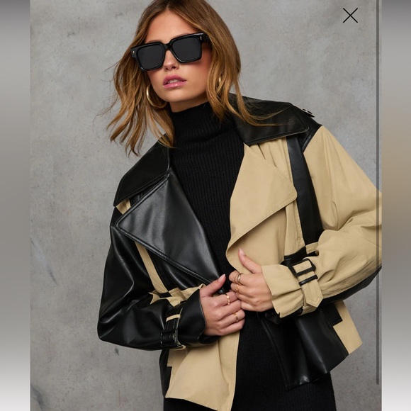 NEW ✨TRENDING Block Vegan Leather Trench Cropped Jacket!! - Picture 2 of 4